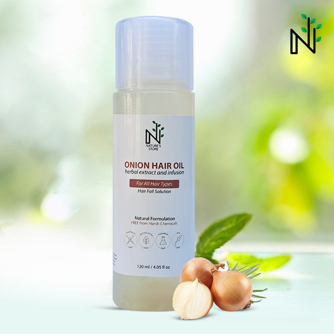Buy Onion Hair Oil from The Nature's Store at the Best Prices online in Pakistan, Quick Delivery and Easy Returns only at The Nature's Store, Best organic and natural Carrier Oil and Coloured Hair, Curly Hair, Dry & Damaged Hair, Hair Fall, Shine & Volume, Thin Hair in Pakistan,
