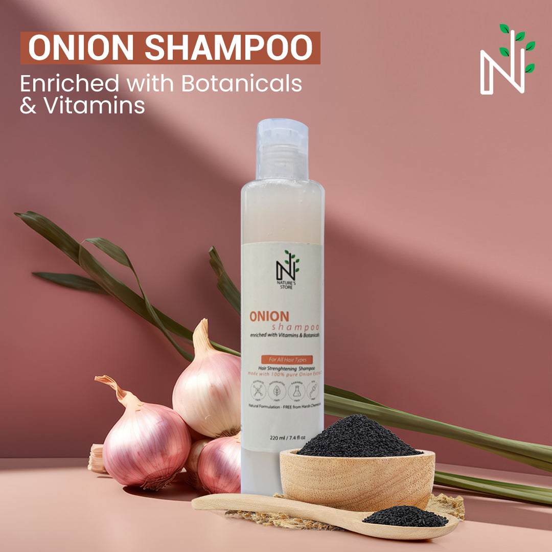 Buy Onion Shampoo - Enriched with Botanicals & Vitamins from The Nature's Store at the Best Prices online in Pakistan, Quick Delivery and Easy Returns only at The Nature's Store, Best organic and natural Hair Shampoo and Coloured Hair, Curly Hair, Dandruff, Dry & Damaged Hair, Grey Hair, Hair Fall, Hair Regrowth, Long & Strong, Shine & Volume, Thin Hair in Pakistan,