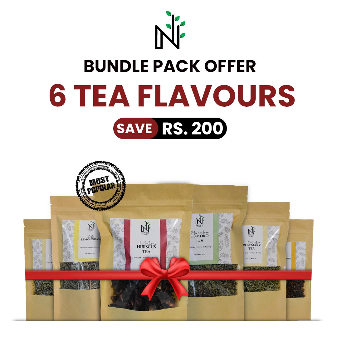 Buy 6 Tea Flavours (Bundle Pack) from The Nature's Store at the Best Prices online in Pakistan, Quick Delivery and Easy Returns only at The Nature's Store, Best organic and natural Herbal Tea and Diabetes, Digestion & Weight Management, Respiratory, Stress & Anxiety, Women's Health / PCOS in Pakistan,
