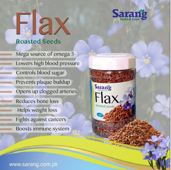 Buy Flax Seeds (Roasted) - 300 Grams from Sarang Herbs & Food at the Best Prices online in Pakistan, Quick Delivery and Easy Returns only at The Nature's Store, Best organic and natural Herbs and Sarang Herbs & Food (Brand), Seeds in Pakistan, 