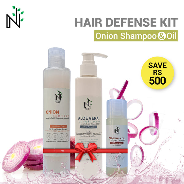 Buy Hair Fall Defense Kit - Goodness of Onion from The Nature's Store at the Best Prices online in Pakistan, Quick Delivery and Easy Returns only at The Nature's Store, Best organic and natural Bundle Offer and Promotions & Deals in Pakistan, 