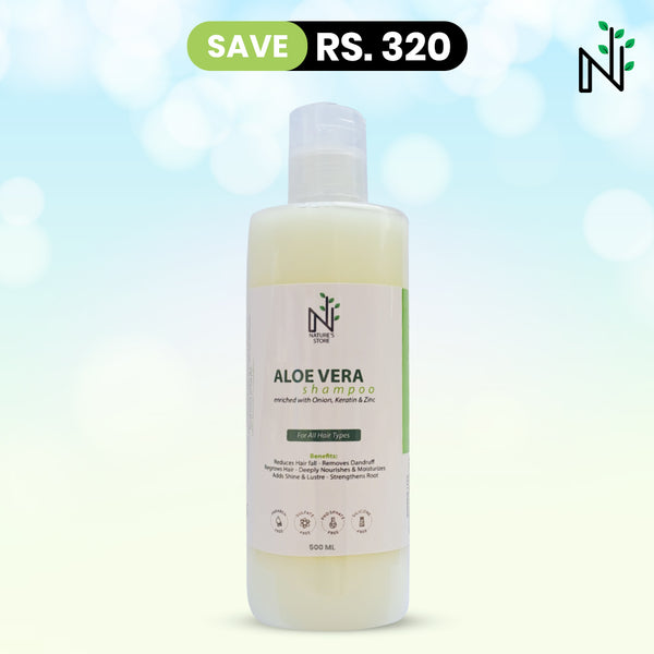 Buy Aloe Vera Shampoo (Adv Formula with Keratin & Zinc) - 500 ML from The Nature's Store at the Best Prices online in Pakistan, Quick Delivery and Easy Returns only at The Nature's Store, Best organic and natural Hair Shampoo and Coloured Hair, Curly Hair, Dandruff, Grey Hair, Hair Fall, Long & Strong, Oily Hair, Shine & Volume, Thin Hair in Pakistan, 