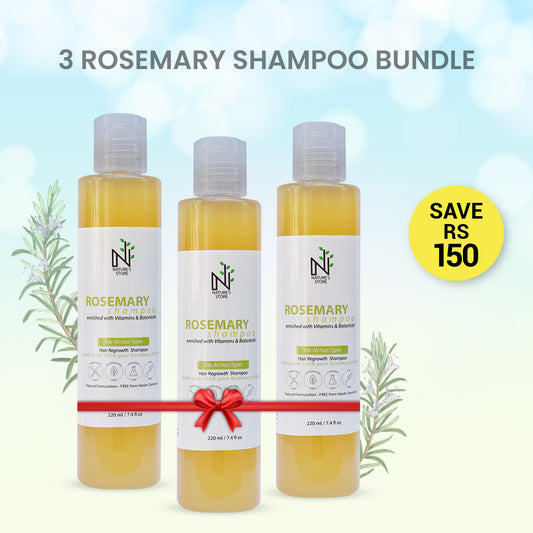 Buy 3 Rosemary Shampoo Bundle from The Nature's Store at the Best Prices online in Pakistan, Quick Delivery and Easy Returns only at The Nature's Store, Best organic and natural Hair Shampoo and Coloured Hair, Curly Hair, Dandruff, Dry & Damaged Hair, Exclusive Bundles (% OFF), Grey Hair, Hair Fall, Hair Regrowth, Long & Strong, Shine & Volume, Thin Hair in Pakistan, 